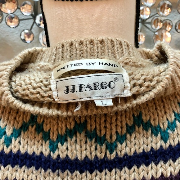 JJ Fargo Handknit Sweater Women's Large (L) Camel Colored Maroon Navy VNTG 80s - Picture 9 of 10